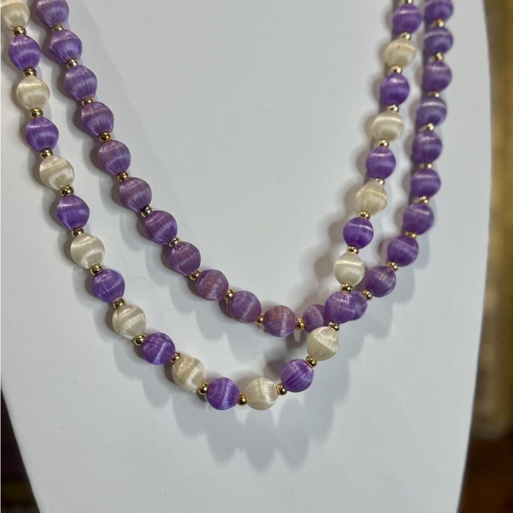 Vintage Lilac Purple and Gold Tone Silk Thread Hand Wrapped Beaded Necklace